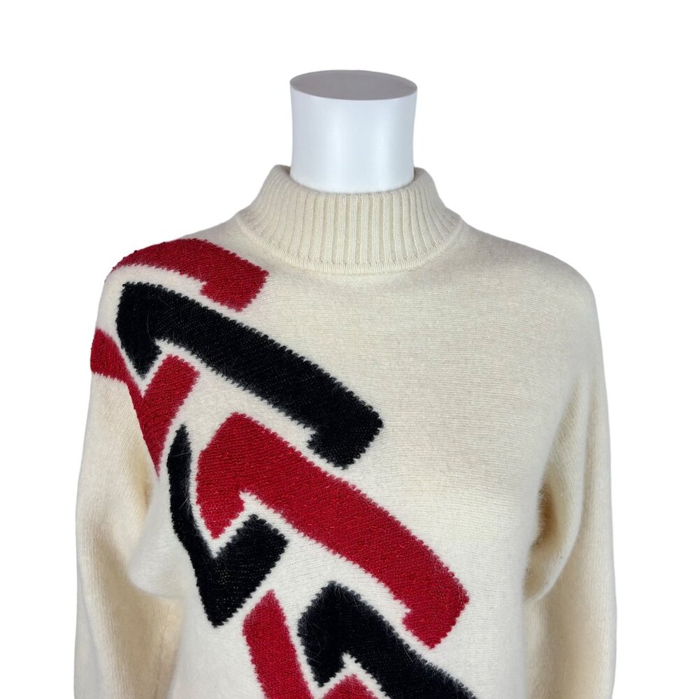 Vintage 80s Wool Sweater Women's Medium Angora Geometric Red Black Cream - Picture 4 of 9